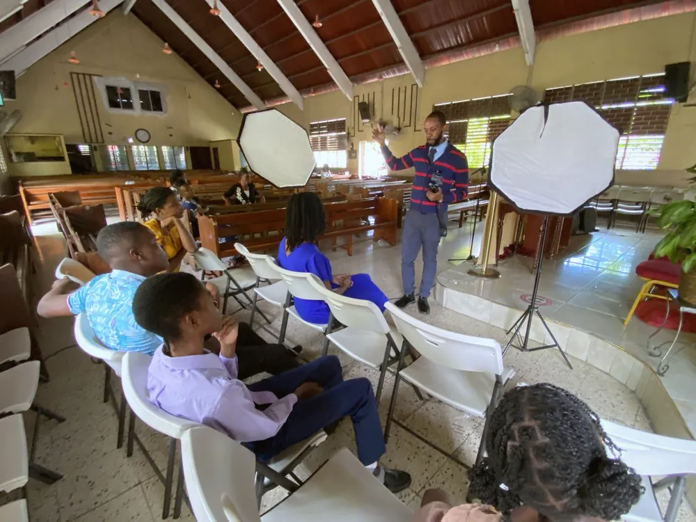 A media workshop with studio lights in the church